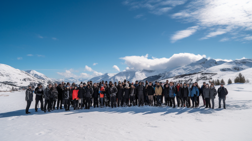 group of conference attendees in front of mountains