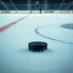 Eishockey-Puck auf einer Eisfläche in einem leeren Stadion, mit unscharfem Blick auf die Tribünen im Hintergrund.