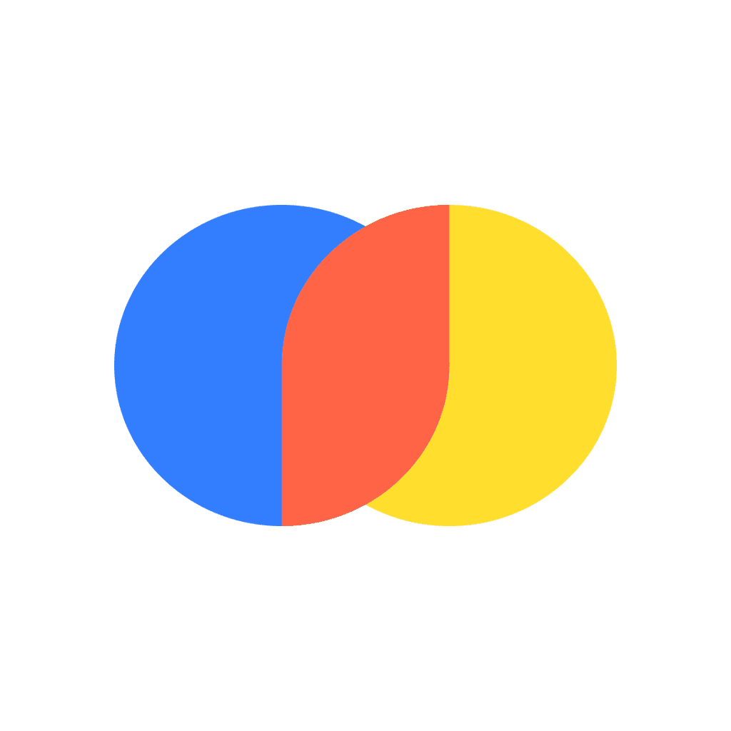 Bunte Venn-Diagramm-Darstellung mit zwei überlappenden Kreisen in Blau und Gelb sowie einem roten Bereich, der die Schnittmenge symbolisiert.