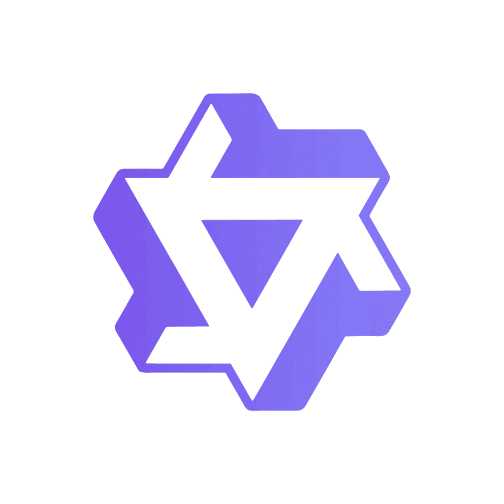Symbol in abstrahierter Form, das verschiedene geometrische Formen kombiniert und in einem modernen lila Farbverlauf gestaltet ist. Die Darstellung erinnert an ein Logo oder Icon und vermittelt ein Gefühl von Technologie und Innovation.