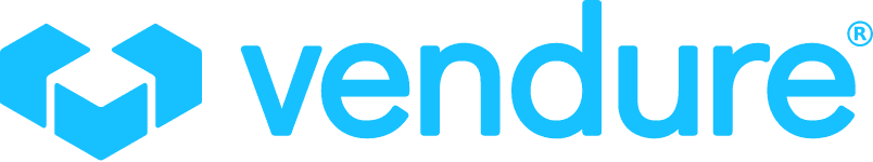 „Logo von Vendure in blauer Schrift, bestehend aus einem stilisierten, hexagonalen Symbol und dem Wort 'vendure' in einer modernen Schriftart.“