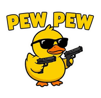 Gelbe Ente mit Sonnenbrille hält zwei Spielzeugpistolen, darüber der Schriftzug „Pew Pew“.