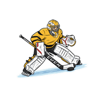 Eishockey-Torwart in gelber Ausrüstung mit ausgebreiteten Armen in Abwehrposition.