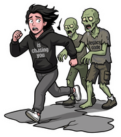 Junger Mensch in einem schwarzen Kapuzenpullover mit der Aufschrift „is chasing you“ läuft in Eile davon, während zwei grüne Zombies mit T-Shirts, auf denen „legacy code“ steht, ihn verfolgen. Die Szenerie ist im Cartoon-Stil gehalten.