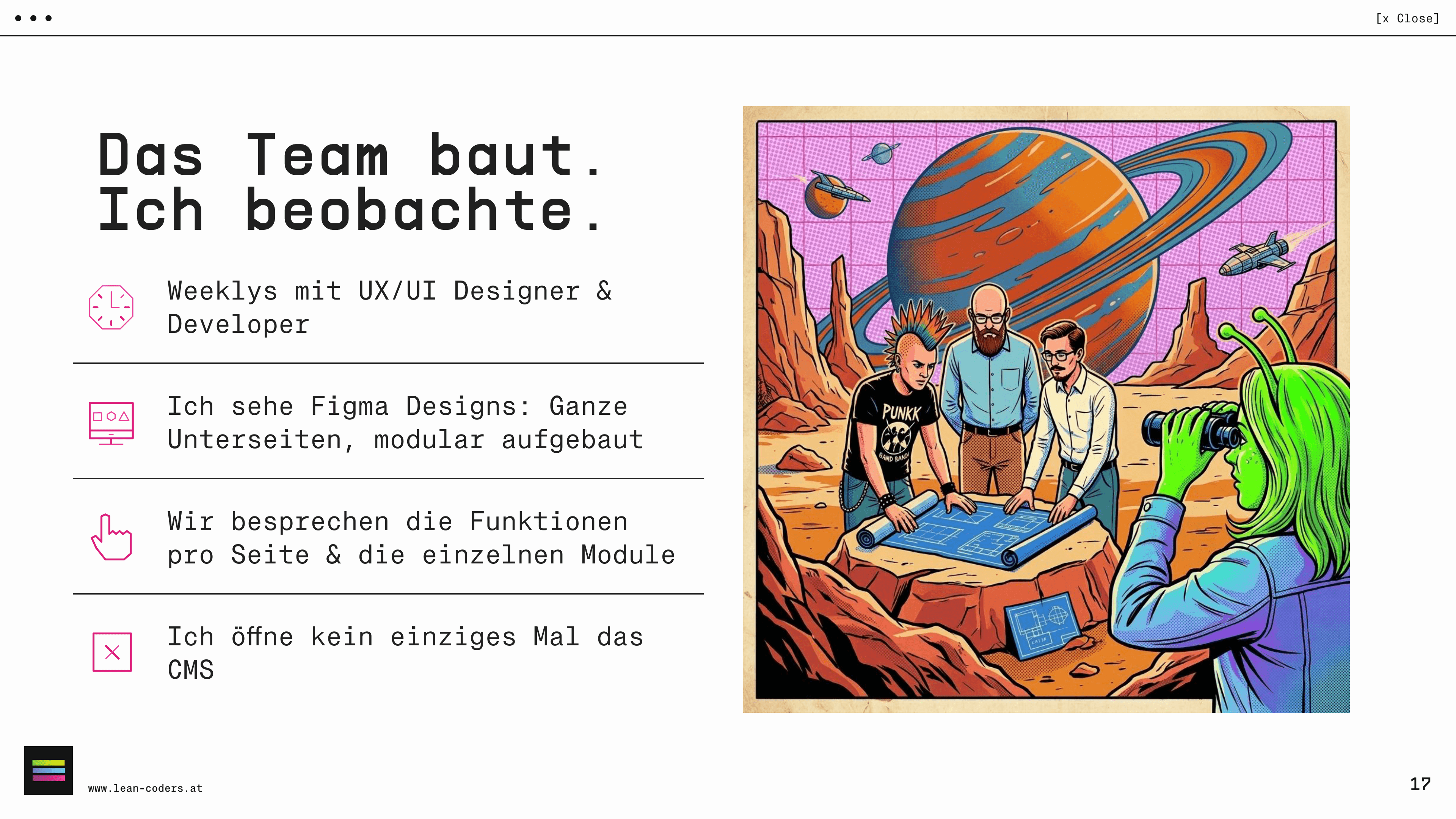 Illustration von einem kreativen Team, das im Freien an einem Projekt arbeitet. Vier Personen zeigen auf Baupläne, während ein Charakter mit grüner Haut und Antennen durch ein Fernglas beobachtet. Im Hintergrund sind Planeten und eine außergewöhnliche Landschaft zu sehen.