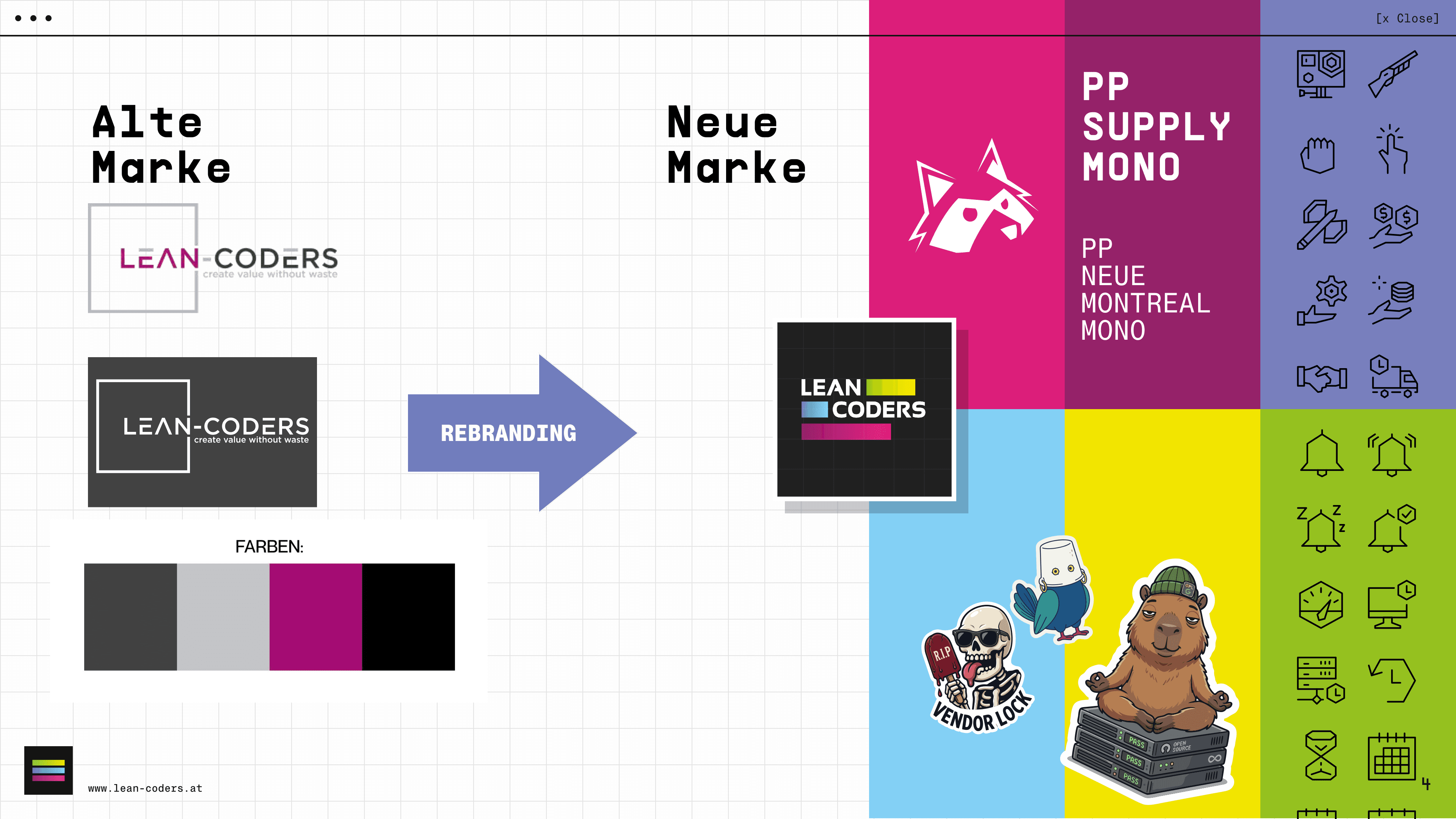 Rebranding-Diagramm, das den Übergang von der alten Marke „LEAN-CODERS“ zur neuen Marke zeigt. Links sind die alten Logos und Farbkombinationen dargestellt, während rechts das neue Logo in bunten Bereichen und verschiedene grafische Elemente zu sehen sind.