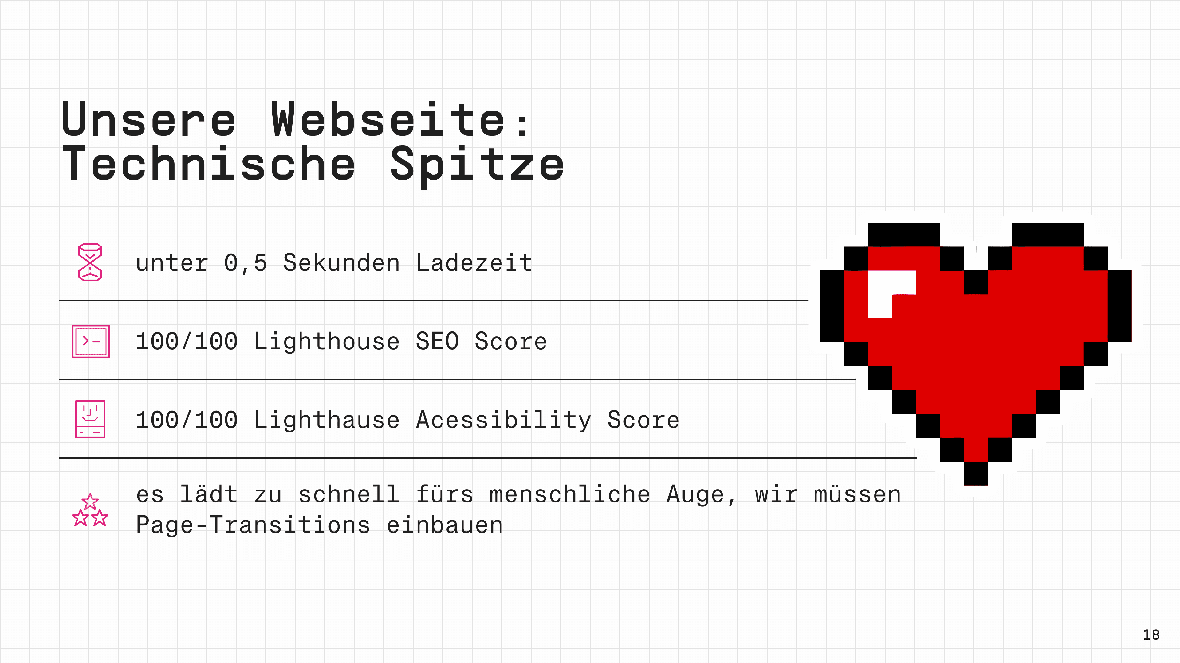 „Grafik zur technischen Performance der Webseite, die Ladezeiten unter 0,5 Sekunden, einen perfekten Lighthouse SEO Score von 100/100 und einen 100/100 Lighthouse Accessibility Score anzeigt. Hinweis auf die Notwendigkeit von Page-Transitions zur Verbesserung der Benutzererfahrung.“