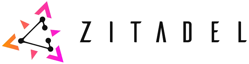 Logo von ZITADEL mit geometrischen Formen und Pfeilen in Pink und Orange.