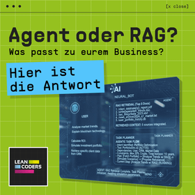 Alt-Text: Grafik mit dem Titel „Agent oder RAG?“, die eine Übersicht über die Funktionen eines KI-gesteuerten Neuralen Bots zeigt. Die Inhalte umfassen Aufgaben wie Markttrendanalyse, Portfolio-Simulation und Datenretrieval, zusätzlich sind Verlinkungen zu Dokumenten und Informationen zum RAG Retrieval und Task Planner dargestellt.