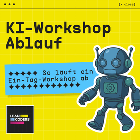„Grafik zum Ablauf eines KI-Workshops mit buntem Hintergrund in Gelb, einem Roboter-Charakter auf der rechten Seite und dem Text 'KI-Workshop Ablauf – So läuft ein Ein-Tag-Workshop ab' in schwarz, hervorgehoben durch Sterne und einem blauen Banner.“