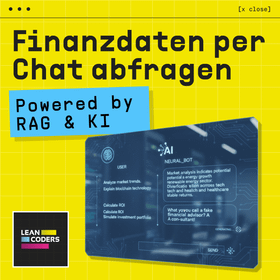 „Grafik, die eine Benutzeroberfläche für die Abfrage von Finanzdaten über einen Chat zeigt. Der Bildschirm enthält Funktionen wie die Analyse von Markttrends, die Erklärung von Blockchain-Technologie und die Berechnung von ROI. Es wird auch ein KI-Chatbot vorgestellt, der Marktanalysen und humorvolle Antworten liefert.“