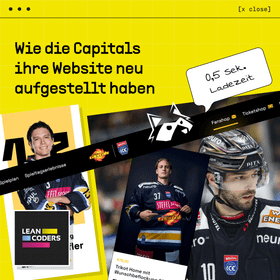 Grafik zum Website Relaunch der Vienna Capitals: Headline “Wie die Capitals ihre Website neu aufgestellt haben”, dazu Fotos von Eishockeyspielern, das LEAN-CODERS Logo und ein Sticker mit 0,5 Sekunden Ladezeit.
