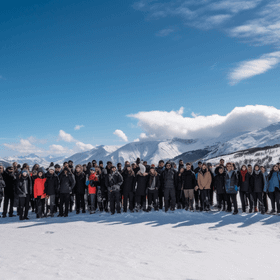 Gruppe von Menschen in Winterkleidung auf einer verschneiten Berglandschaft unter blauem Himmel.