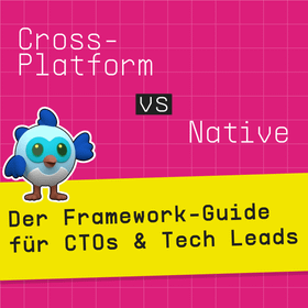 Cross-Plattform vs. Native: Grafische Darstellung mit einem animierten Vogel, die den Framework-Guide für CTOs und Tech Leads präsentiert. Der Hintergrund ist pink, und der Titel ist in großen, auffälligen Buchstaben auf einem gelben Banner platziert.