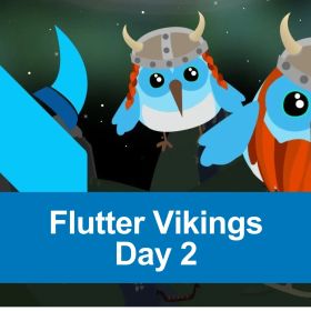 Illustration von drei blauen Vögeln in Wikingerhelmen vor einem Nachthimmel mit dem Text „Flutter Vikings Day 2“.