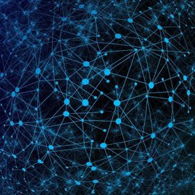 Netzwerk-Darstellung mit blauen Knotenpunkten und verbindenden Linien auf dunklem Hintergrund, die ein komplexes digitales System symbolisieren.