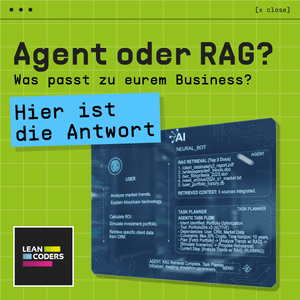 Alt-Text: Grafik mit dem Titel „Agent oder RAG?“, die eine Übersicht über die Funktionen eines KI-gesteuerten Neuralen Bots zeigt. Die Inhalte umfassen Aufgaben wie Markttrendanalyse, Portfolio-Simulation und Datenretrieval, zusätzlich sind Verlinkungen zu Dokumenten und Informationen zum RAG Retrieval und Task Planner dargestellt.