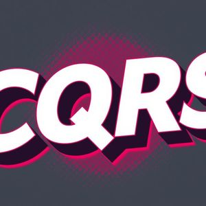 „'CQRS'-Text in markantem 3D-Schriftzug mit pinken und dunkelgrauen Schatteneffekten auf grauem Hintergrund.“