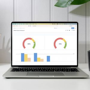 Laptop auf einem Schreibtisch zeigt ein Dashboard mit zwei Kreisdiagrammen und einem Säulendiagramm; daneben Stiftehalter, Notizbuch und Kaffeetasse.