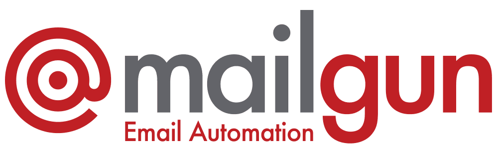 Logo von Mailgun mit rotem @-Symbol und Schriftzug „Email Automation“.