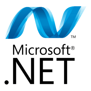 „Logo der Softwareplattform Microsoft .NET mit stilisiertem blauen Band über dem Schriftzug.“