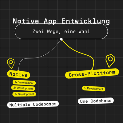 „Infografik zur Native App Entwicklung, die die beiden Ansätze – Native und Cross-Plattform – mit ihren unterschiedlichen Entwicklungsansprüchen und der Anzahl an Codebasen veranschaulicht.“