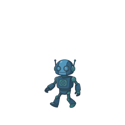 K cartoonhaftes, blauer Roboter mit großen Augen und Antennen, der lächelnd steht und eine freundliche Ausstrahlung hat.