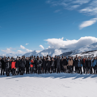 Gruppe von Menschen in Winterkleidung auf einer verschneiten Berglandschaft unter blauem Himmel.