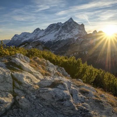 Sonnenaufgang über einem schneebedeckten Bergmassiv mit felsigem Vordergrund und grünen Kiefern im Vordergrund.