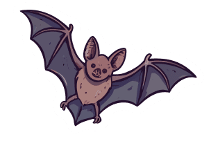Süße, cartoonartige Fledermaus mit ausgebreiteten Flügeln, die in einer dynamischen Flugposition dargestellt ist.