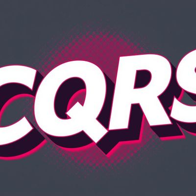 „'CQRS'-Text in markantem 3D-Schriftzug mit pinken und dunkelgrauen Schatteneffekten auf grauem Hintergrund.“