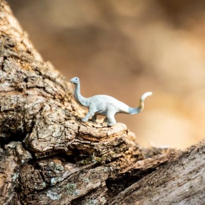Miniatur-Dinosaurierfigur auf einer grob texturierten Baumrinde in natürlichem Licht.