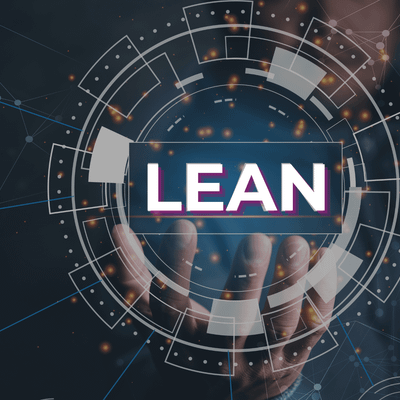 „Digitalisierungskonzept mit der Aufschrift LEAN, umgeben von technologischen Symbolen und Netzwerken.“
