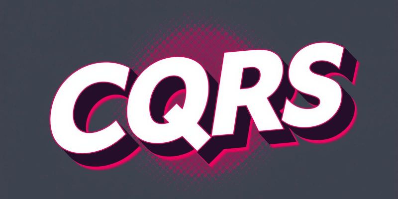„'CQRS'-Text in markantem 3D-Schriftzug mit pinken und dunkelgrauen Schatteneffekten auf grauem Hintergrund.“