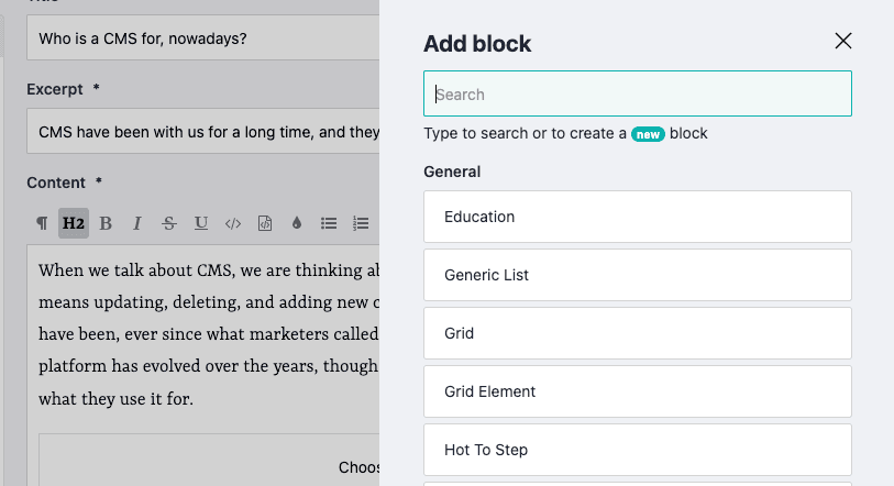 "Add block", showing a list of blocks to add to a an existing content, overlaying the editor UI of a CMS