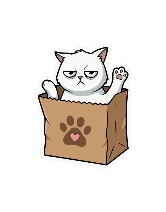 Weiße Katze mit gelangweiltem Ausdruck sitzt in einer Papiertüte, die mit einem Pfotenabdruck und einem Herz verziert ist.