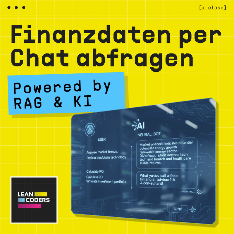 „Grafik, die eine Benutzeroberfläche für die Abfrage von Finanzdaten über einen Chat zeigt. Der Bildschirm enthält Funktionen wie die Analyse von Markttrends, die Erklärung von Blockchain-Technologie und die Berechnung von ROI. Es wird auch ein KI-Chatbot vorgestellt, der Marktanalysen und humorvolle Antworten liefert.“
