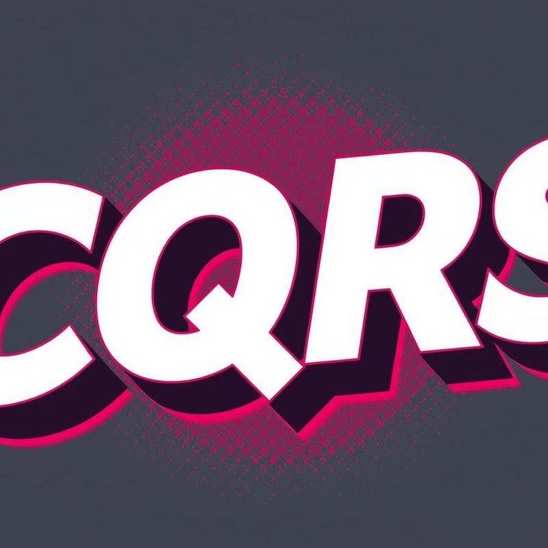 „'CQRS'-Text in markantem 3D-Schriftzug mit pinken und dunkelgrauen Schatteneffekten auf grauem Hintergrund.“