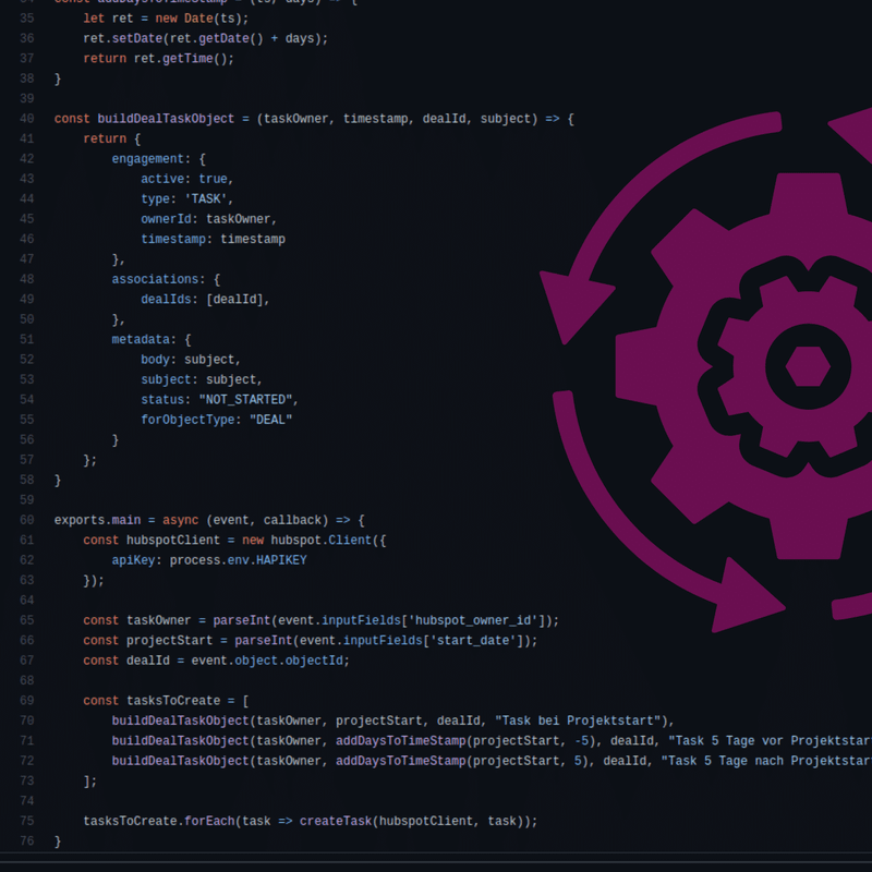 Programmcode mit Zahnradsymbol im Hintergrund, das die Automatisierung und Ausführung von Aufgaben symbolisiert.