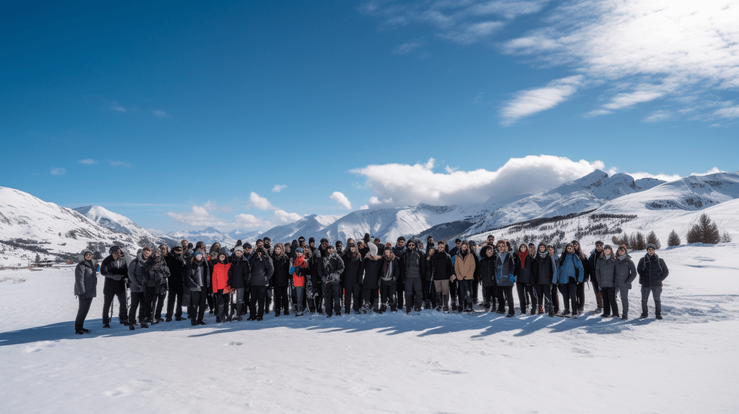 Gruppe von Menschen in Winterkleidung auf einer verschneiten Berglandschaft unter blauem Himmel.